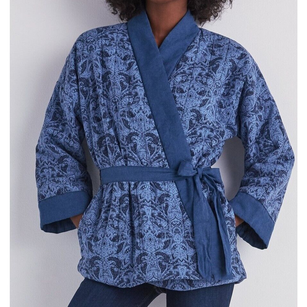 Lucky Brand Paisley Quilted Jacket Sz XS Blue Cotton Belt Side Pockets Comfy